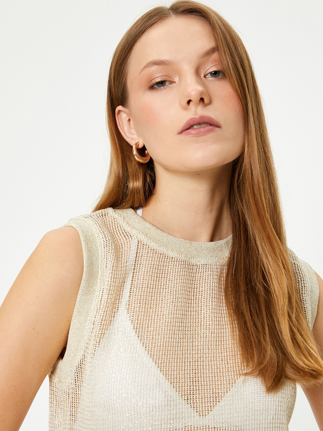 

Koton Women Embellished Round Neck Cotton Top, Gold