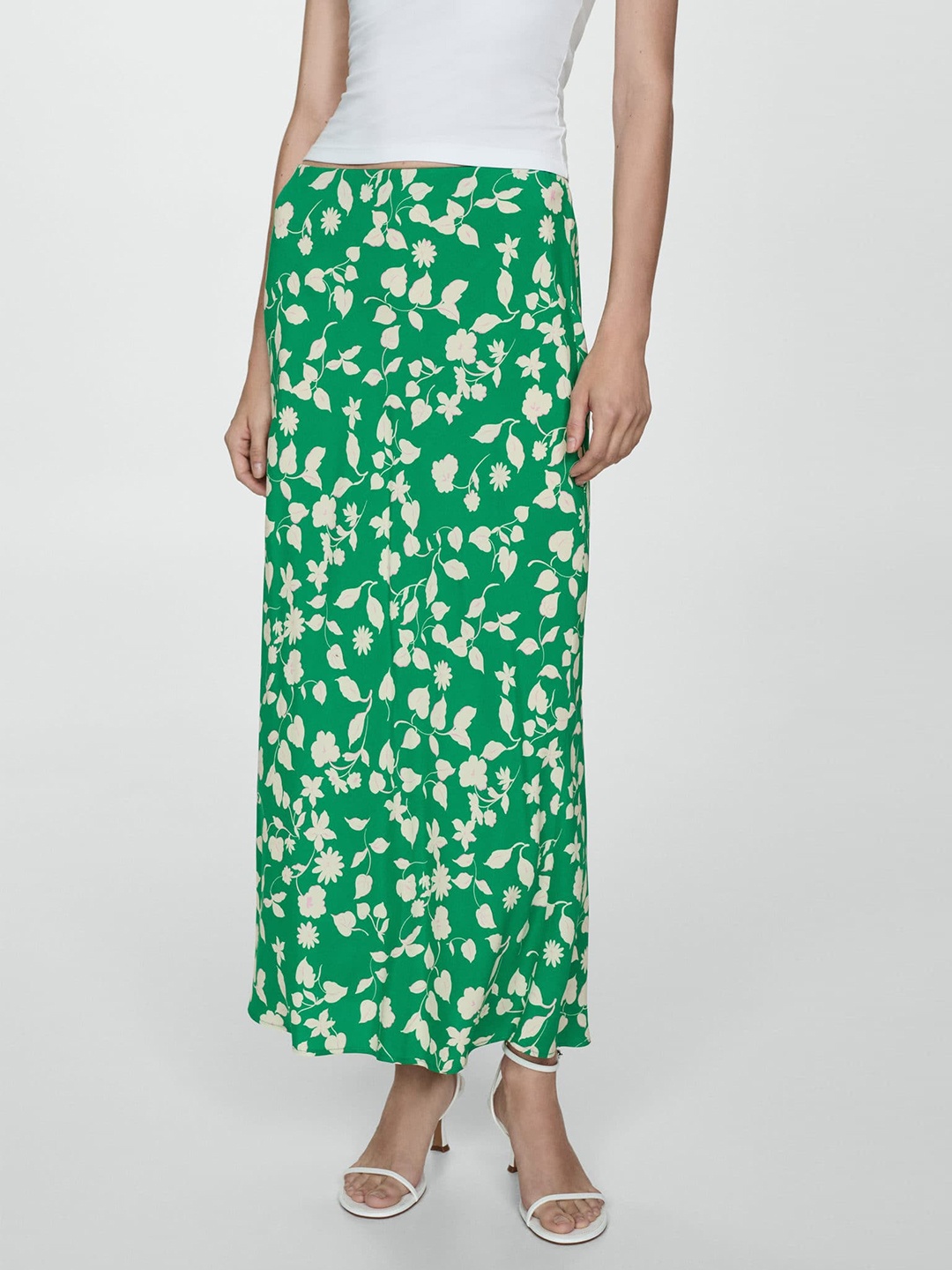 

MANGO Floral Print Straight Midi Skirt, Green