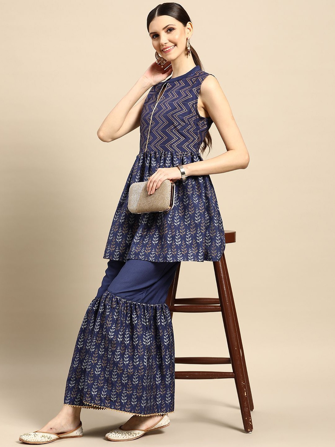 

Anouk Navy Blue Ethnic Motifs Printed Mandarin Collar A-Line Kurti With Sharara