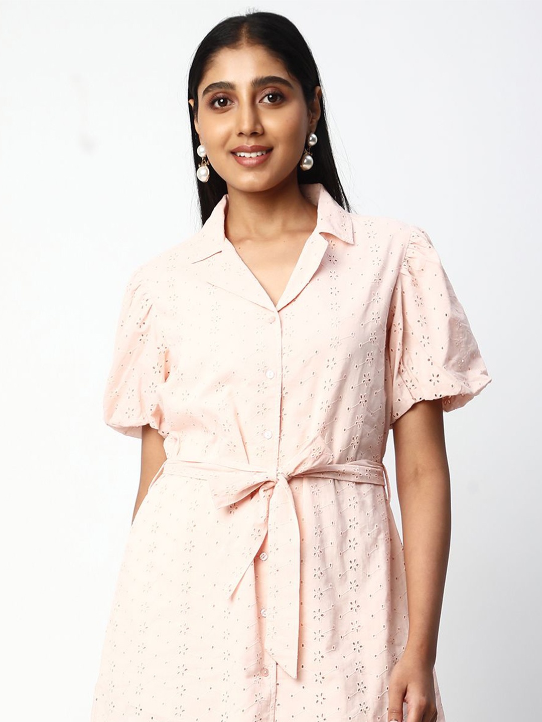 

R&B Women Self Design Schiffli Shirt Collar Cotton Top, Pink