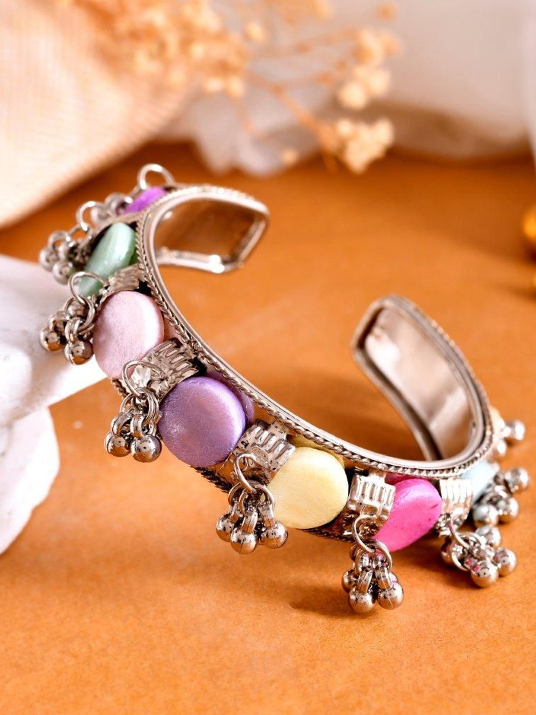 

VOJ Silver-Plated Ghungroo Studded Oxidized Cuff Bracelet