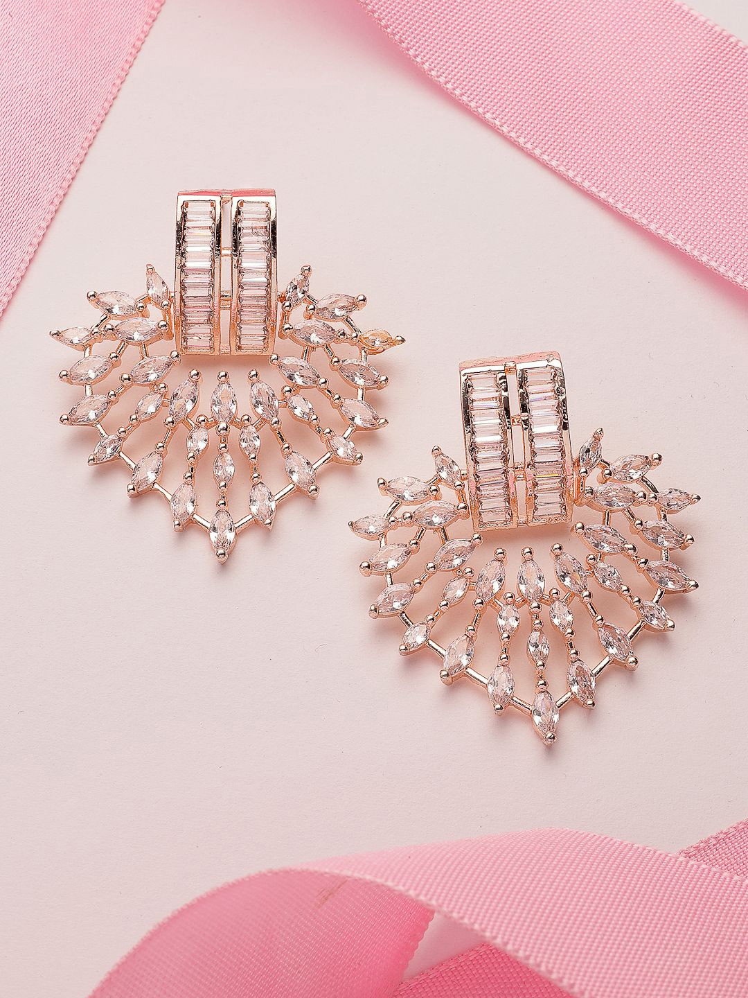 

ADIVA Rose Gold-Plated AD Stone Studded Leaf Shaped Drop Earrings