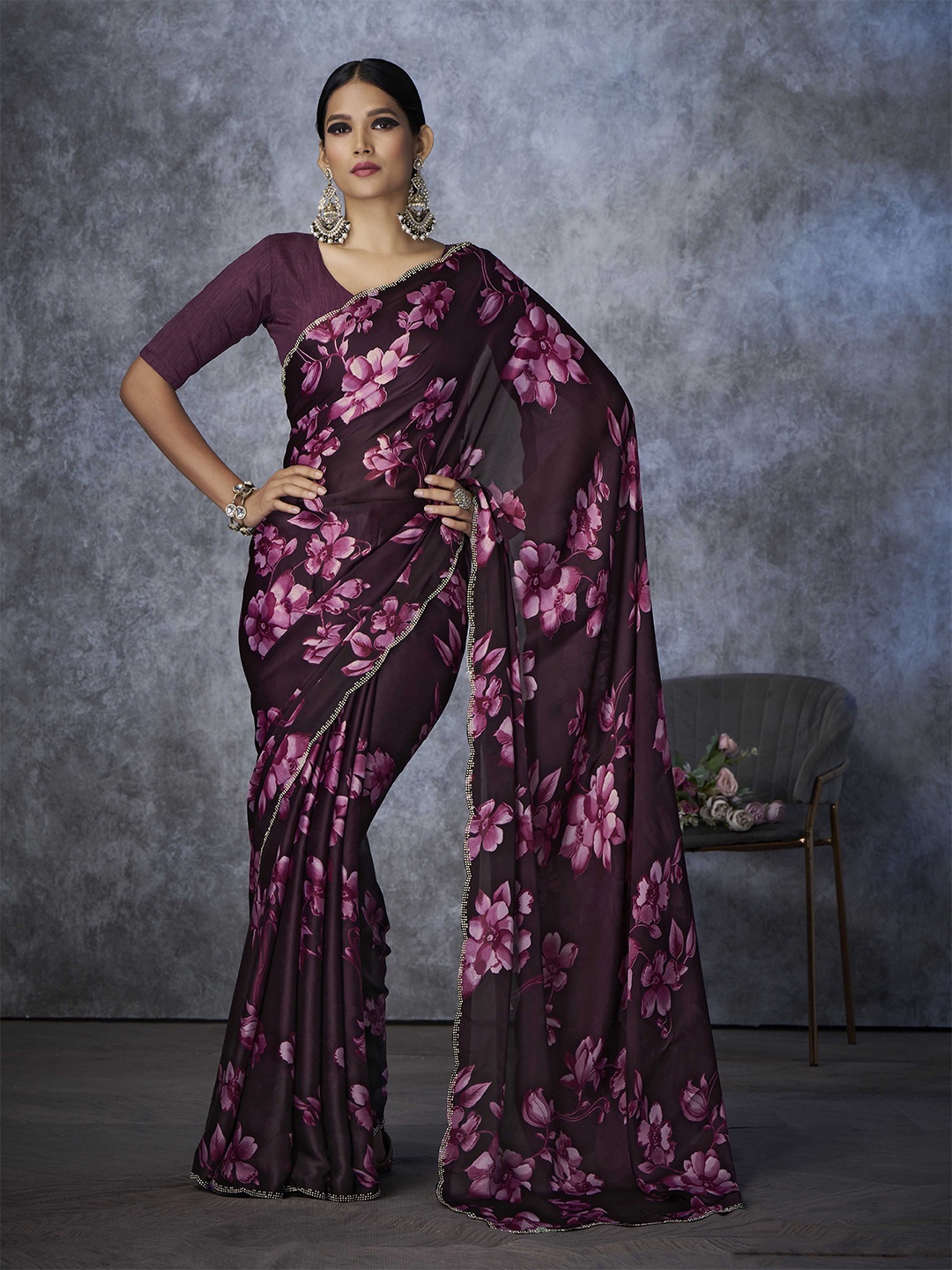 

Ethnielle Floral Printed Beads and Stones Saree, Purple