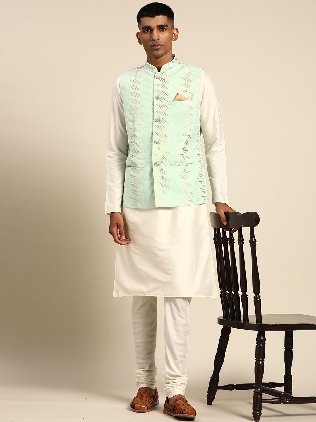 

Anouk Green & White Embroidered Mandarin Collar Kurta with Churidar & Nehru jacket