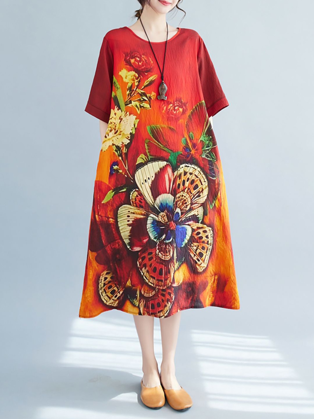 

JC Mode Printed Short Sleeves A-Line Midi Dress, Red