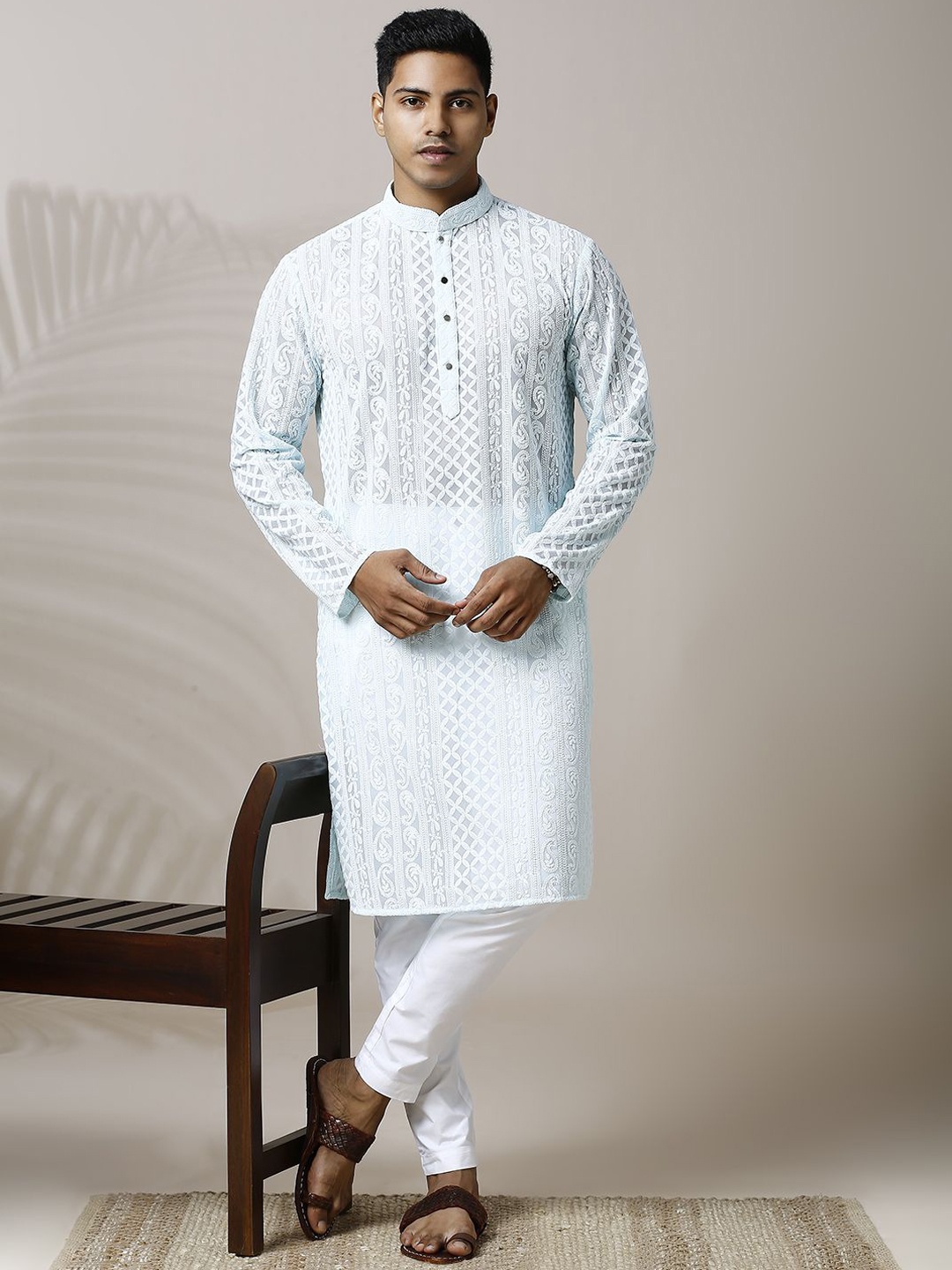 

Be Desi Paisley Embroidered Thread Work Semi Sheer Straight Kurta with Pyjamas, Blue