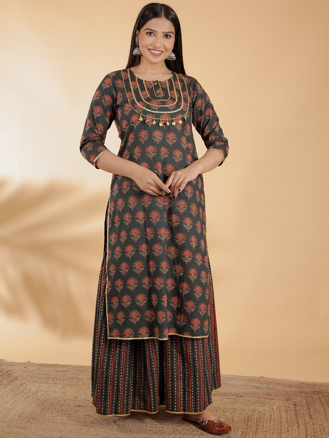 

Aramya Floral Ajrakh Printed Gotta Patti Pure Cotton Straight Kurta With Sharara, Green
