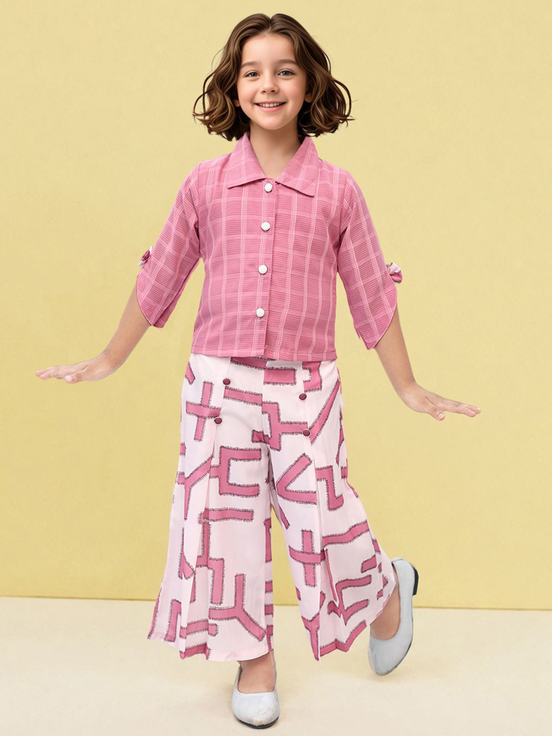 

Toonyport Girls Geometric Printed Shirt Collar Shirt with Palazzos, Lavender
