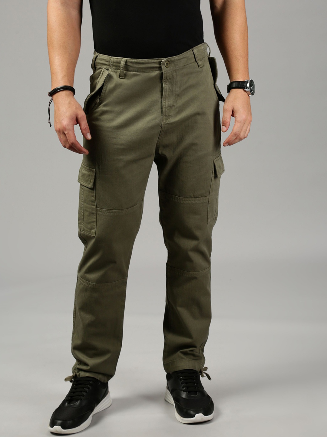 

British Club Men Comfort Slim Fit Low-Rise Pure Cotton Cargo Trousers, Olive