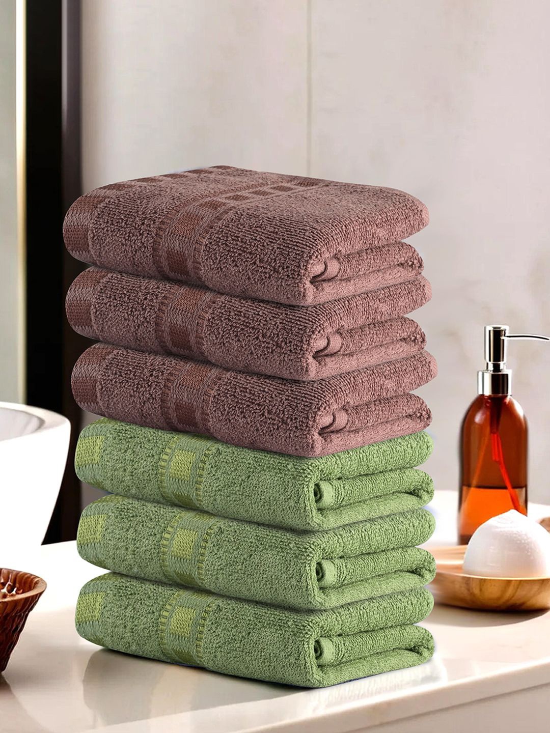 

Kuber Industries Brown & Green Set of 6 Cotton Highly Absorbent 225 GSM Face Towel