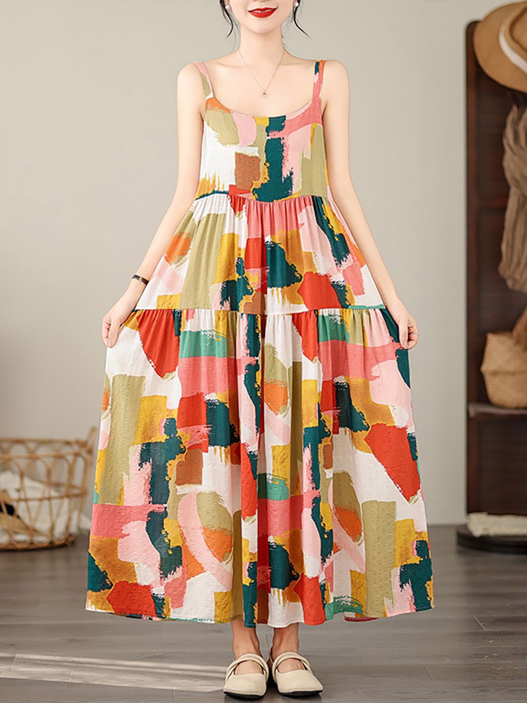 

JC Mode Women Abstract Printed Shoulder Straps Maxi Dress, White