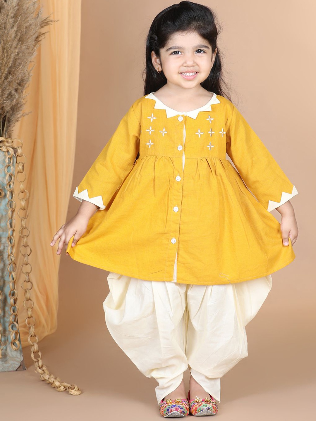 

LITTLE GINNIE Girls Floral Embroidered Thread Work Pure Cotton Kurti with Dhoti Pants, Yellow