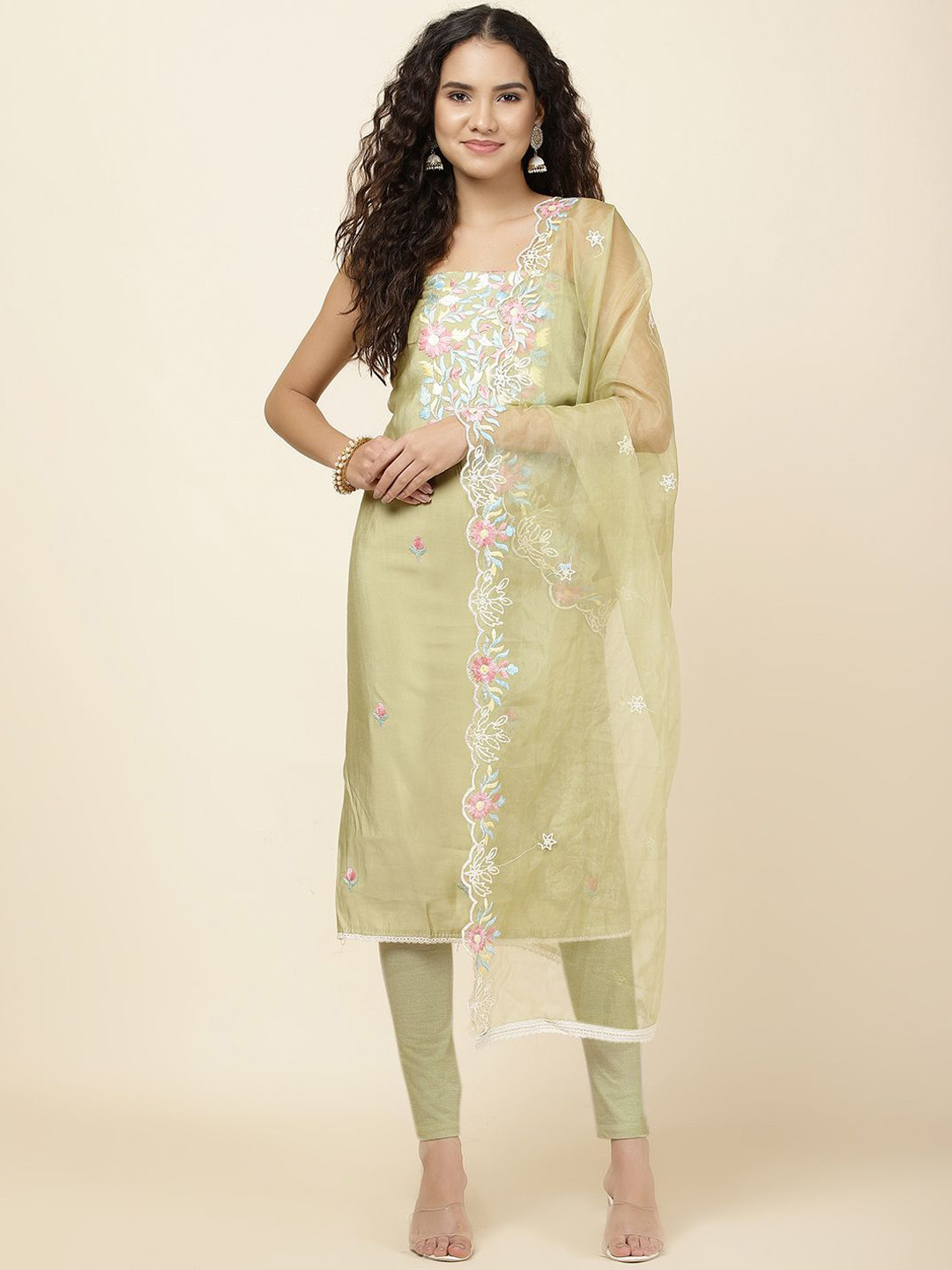 

Meena Bazaar Floral Embroidered Chanderi Unstitched Dress Material, Green