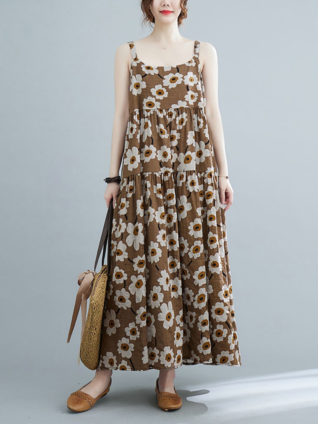 

JC Mode Floral Printed Tiered Fit and Flare Maxi Dress, Coffee brown