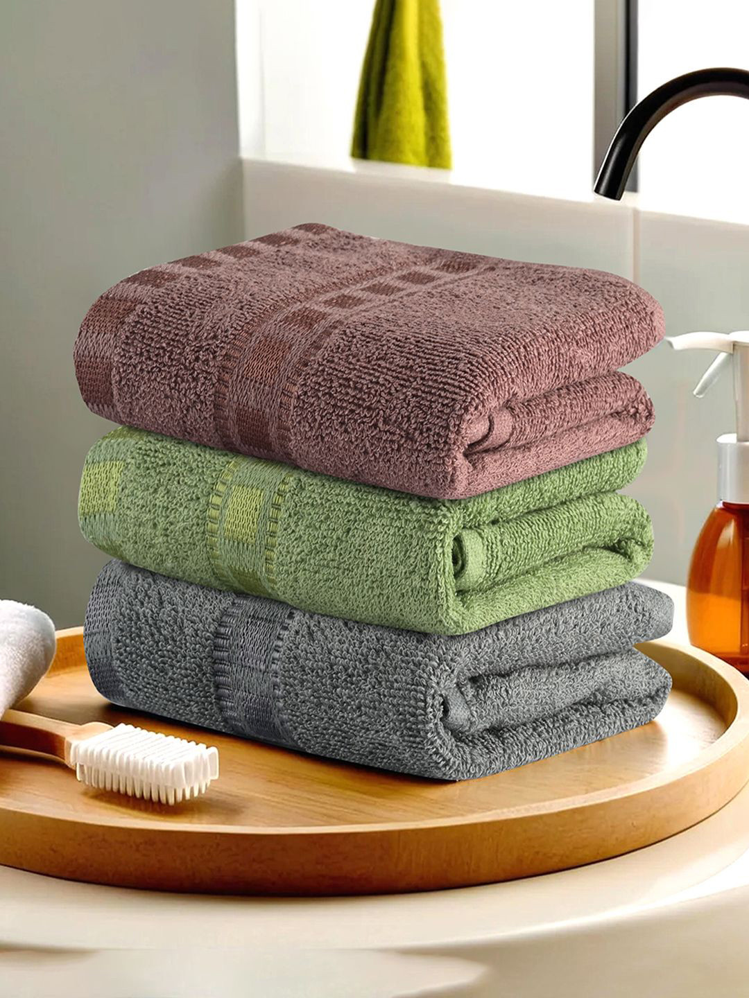 

Kuber Industries Grey & Green 3 Pieces 225 GSM Cotton Face Towels
