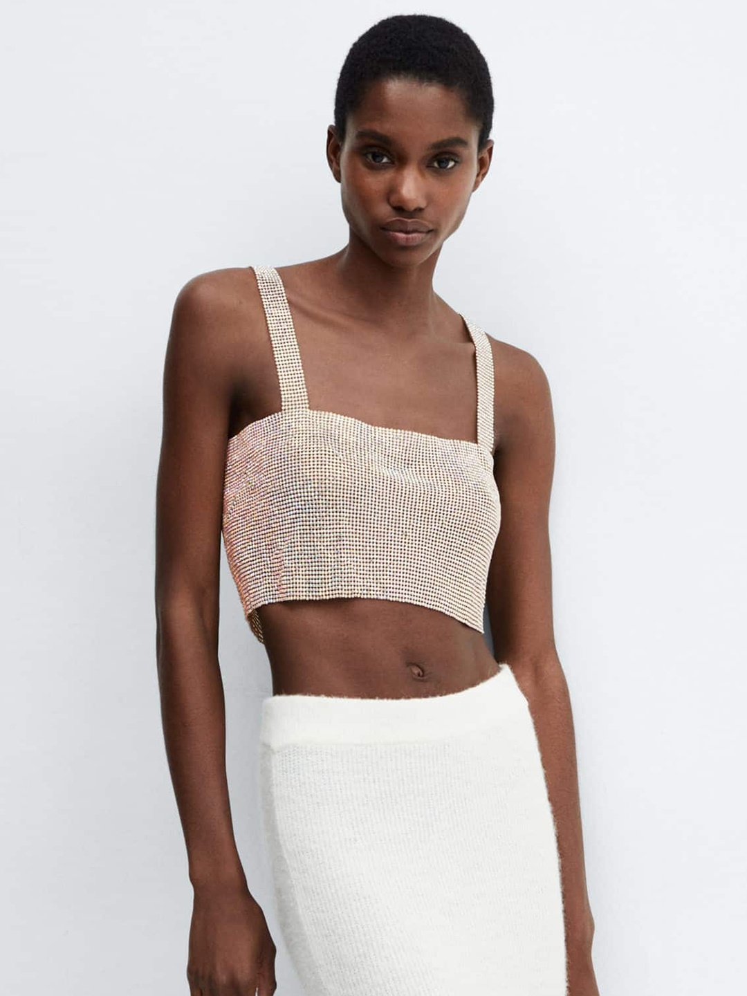 

MANGO Studded Mesh Crop Top, Silver