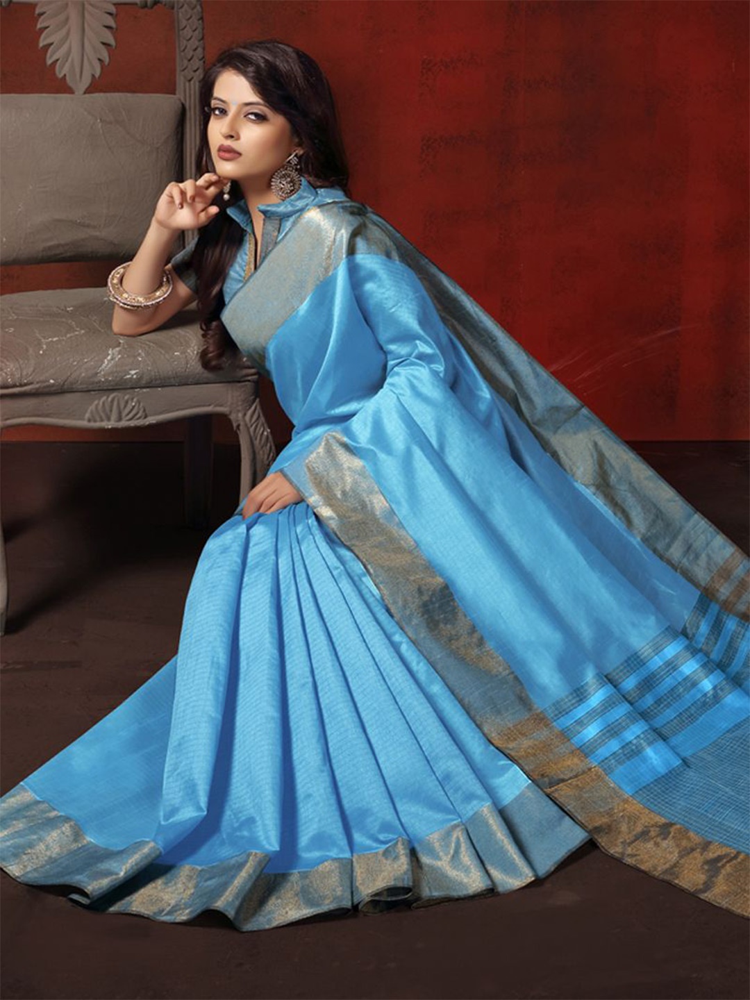 

ASISA Woven Design Zari Silk Cotton Saree, Turquoise blue