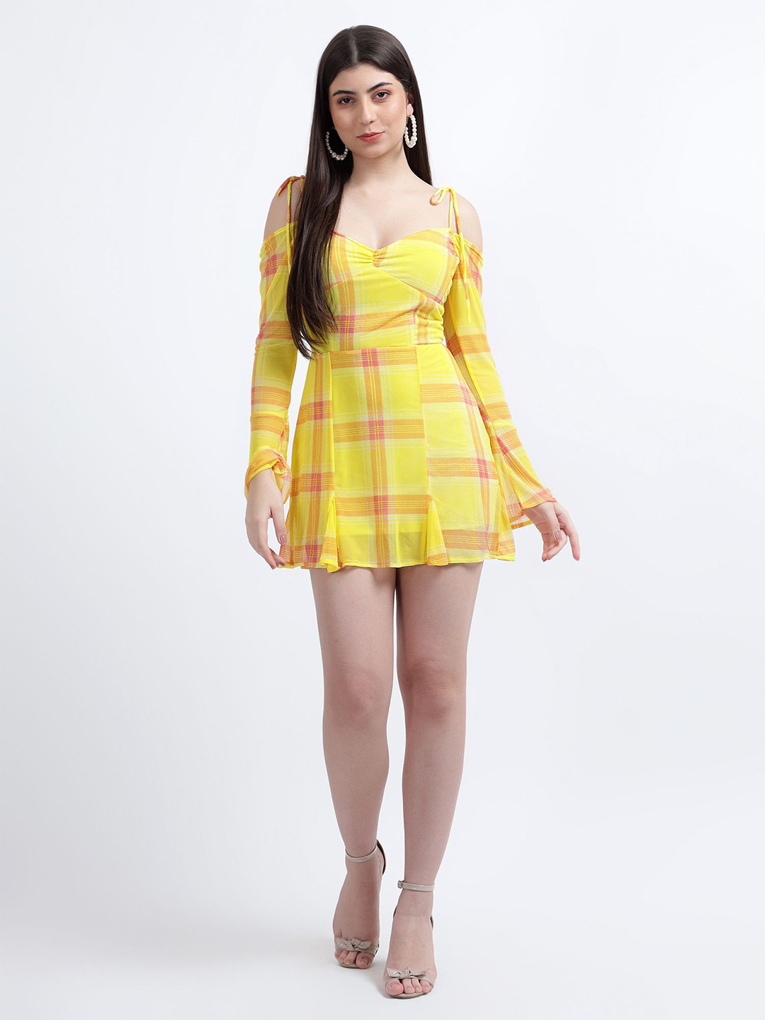 

DRAPE AND DAZZLE Checked Cold-Shoulder Fit & Flare Mini Dress, Yellow