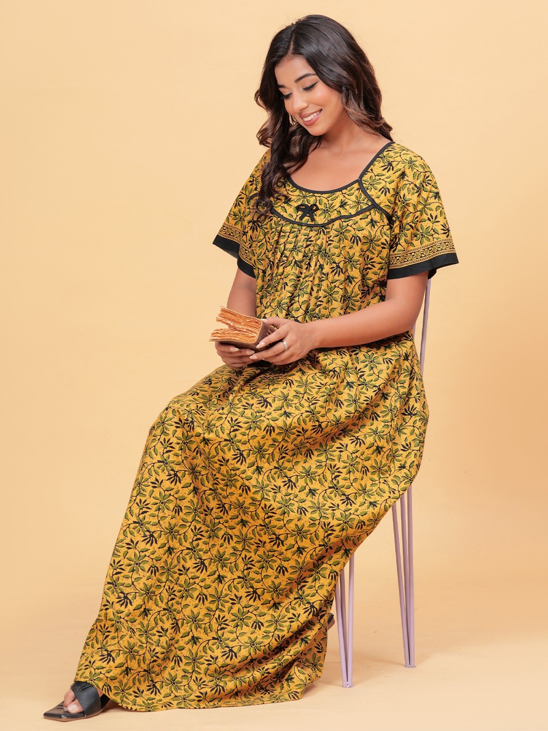 

MAYA PRINT Printed Floral Pure Cotton Maxi Nightdress, Yellow
