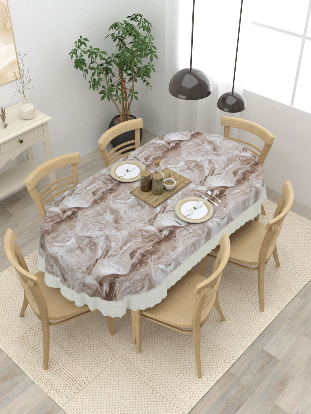 

Clasiko Brown and White Abstract Printed Anti-Slip Oval 6-Seater Table Cover