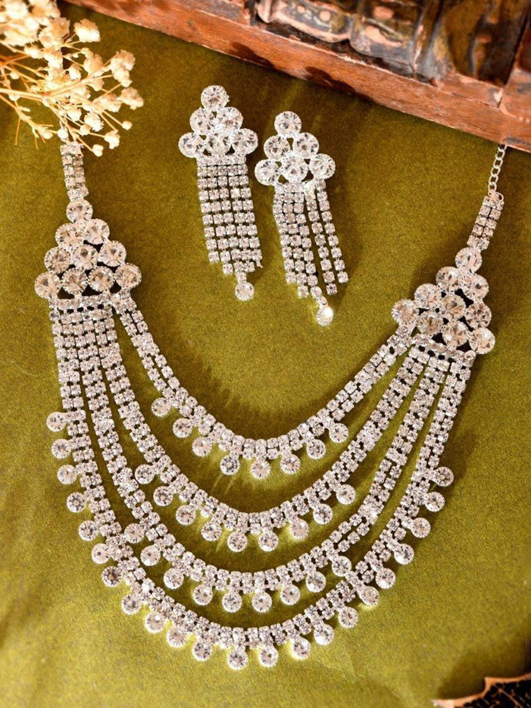 

VOJ Silver-Plated Stainless Steel American Diamond Stone-Studded Layered Jewellery Set