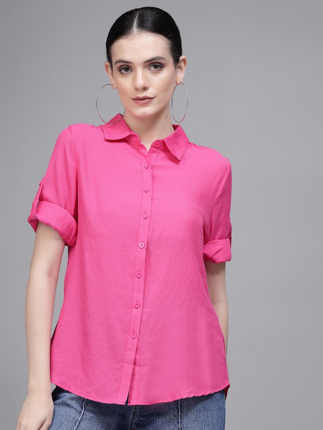 

Global Republic Women Classic Spread Collar Solid Cotton Casual Shirt, Pink