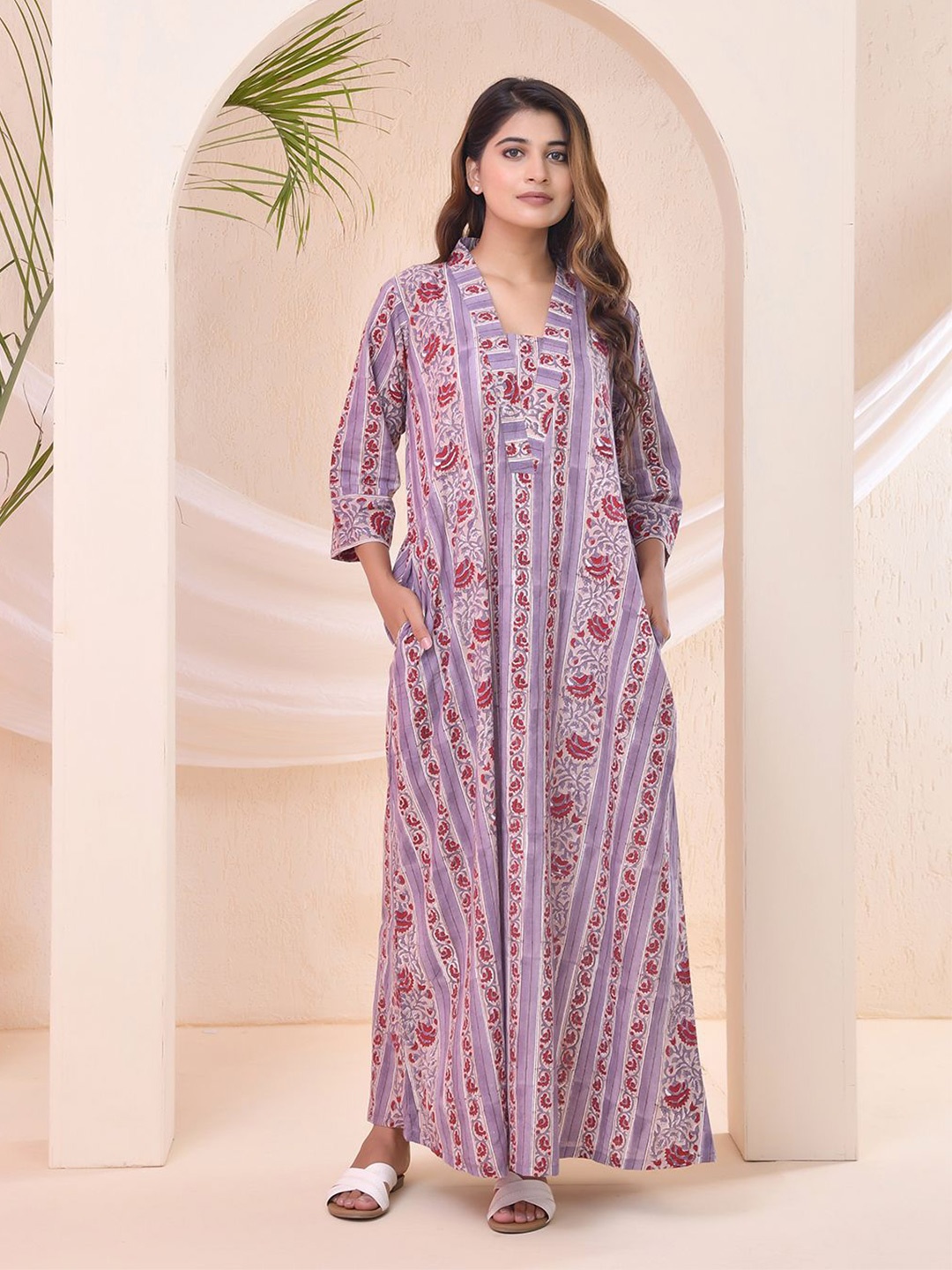 

THE SAFFRON SAGA Printed Cotton Kaftan Maxi Dress, Grey