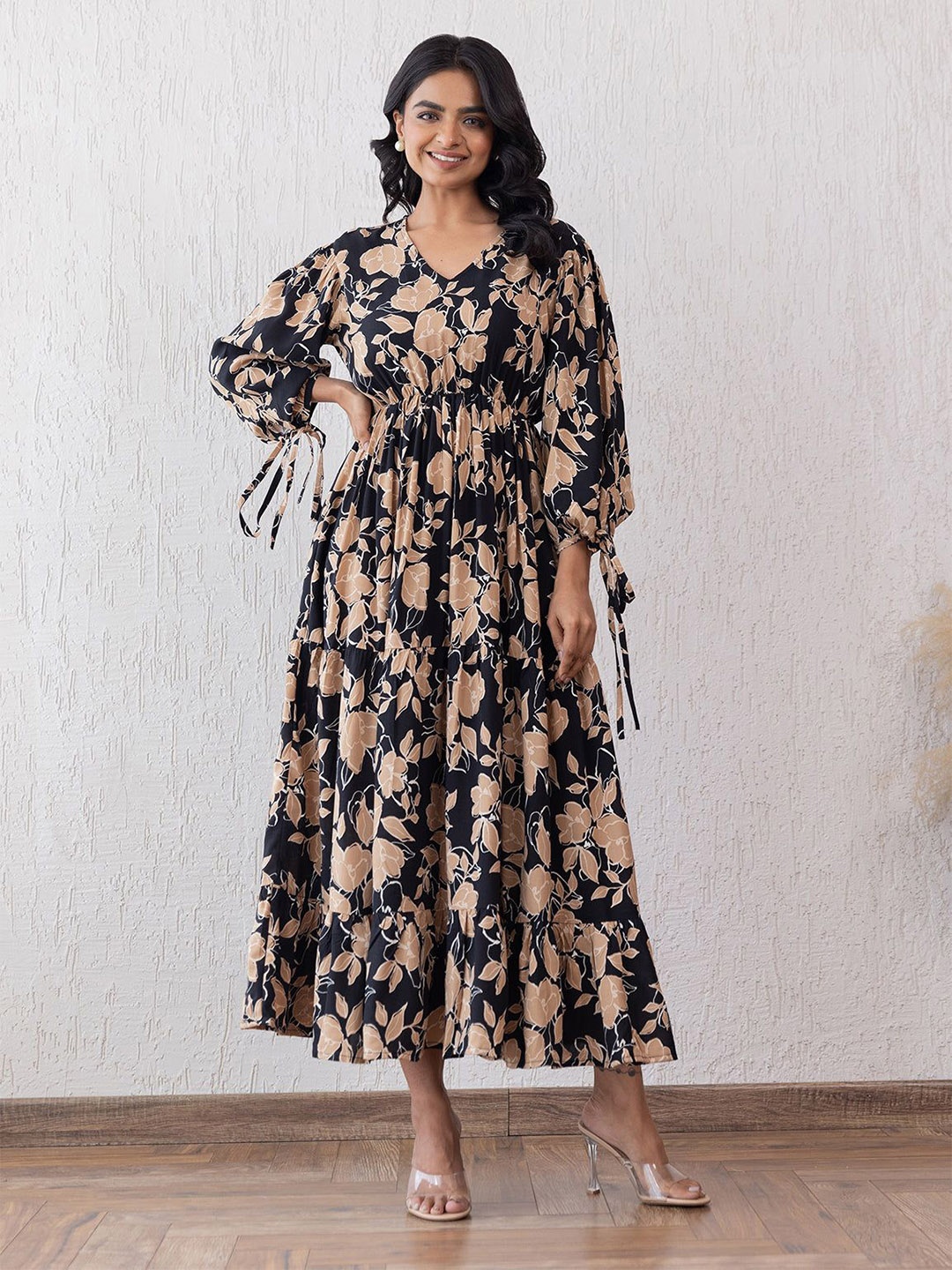 

Polago Clothing Floral Print Puff Sleeve Fit & Flare Maxi Dress, Black