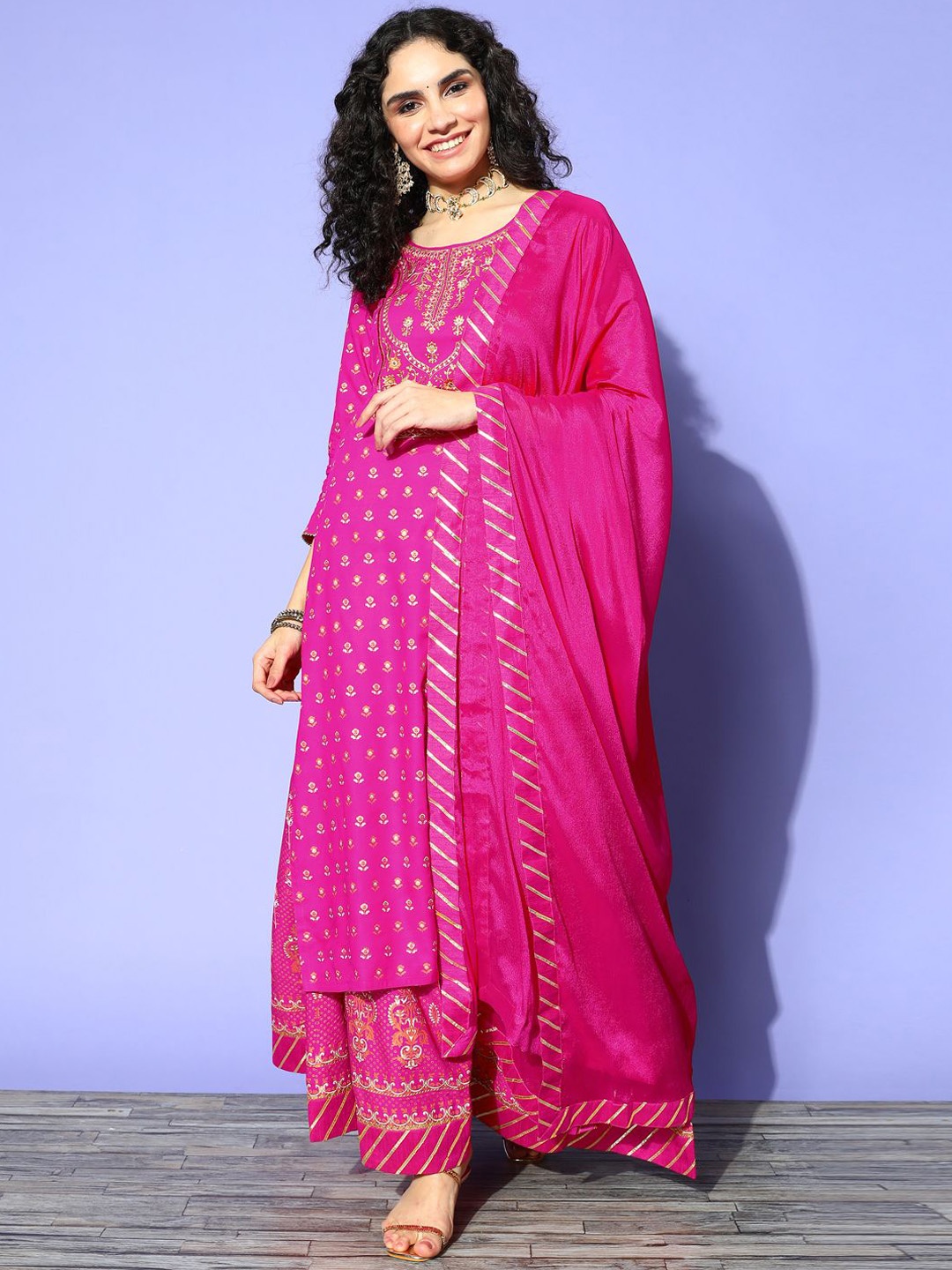 

Sangria Floral Embroidered Zari Sequence Straight Kurta With Trouser & Dupatta, Pink