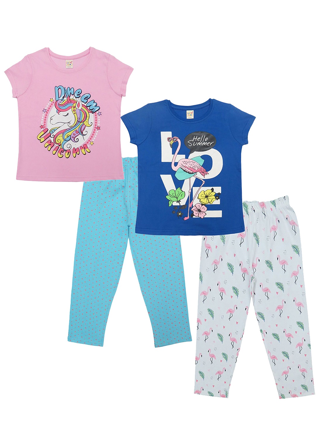 

Clothe Funn Girls Pack of 2 Printed Pure Cotton T-shirt with Pyjamas, Blue