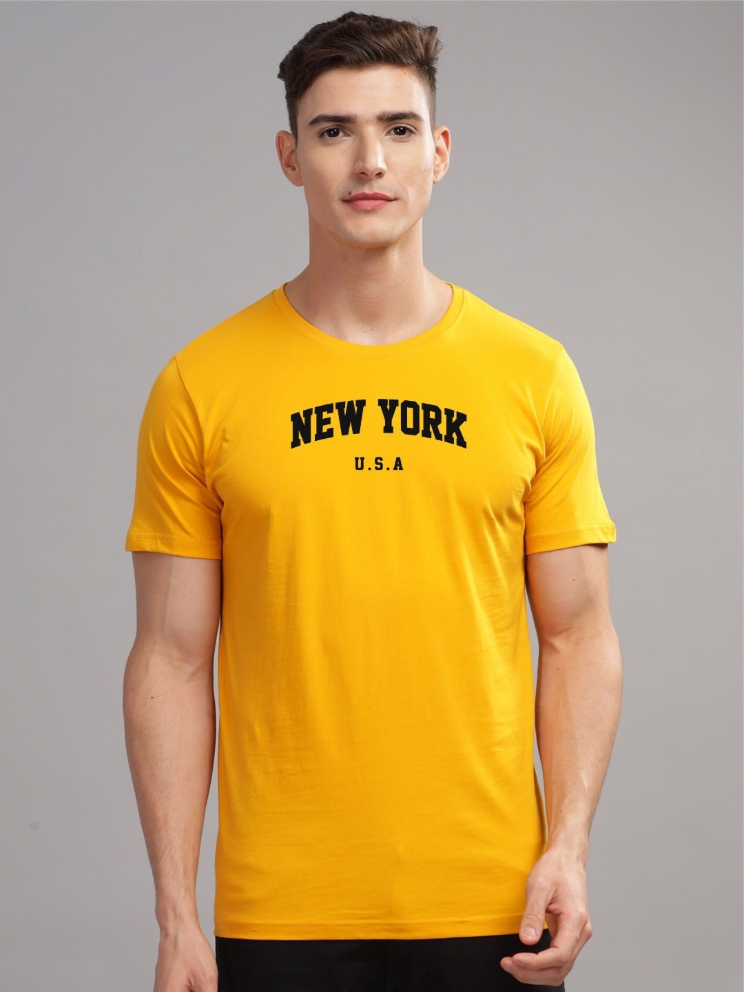 

ADRO Men Typography Printed Applique T-shirt, Mustard