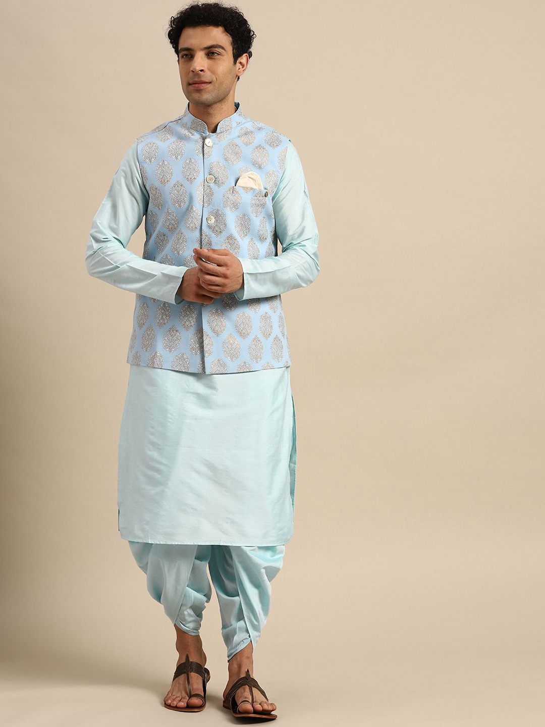 

Anouk Blue Mandarin Collar Straight Kurta with Dhoti Pants & Printed Nehru jacket