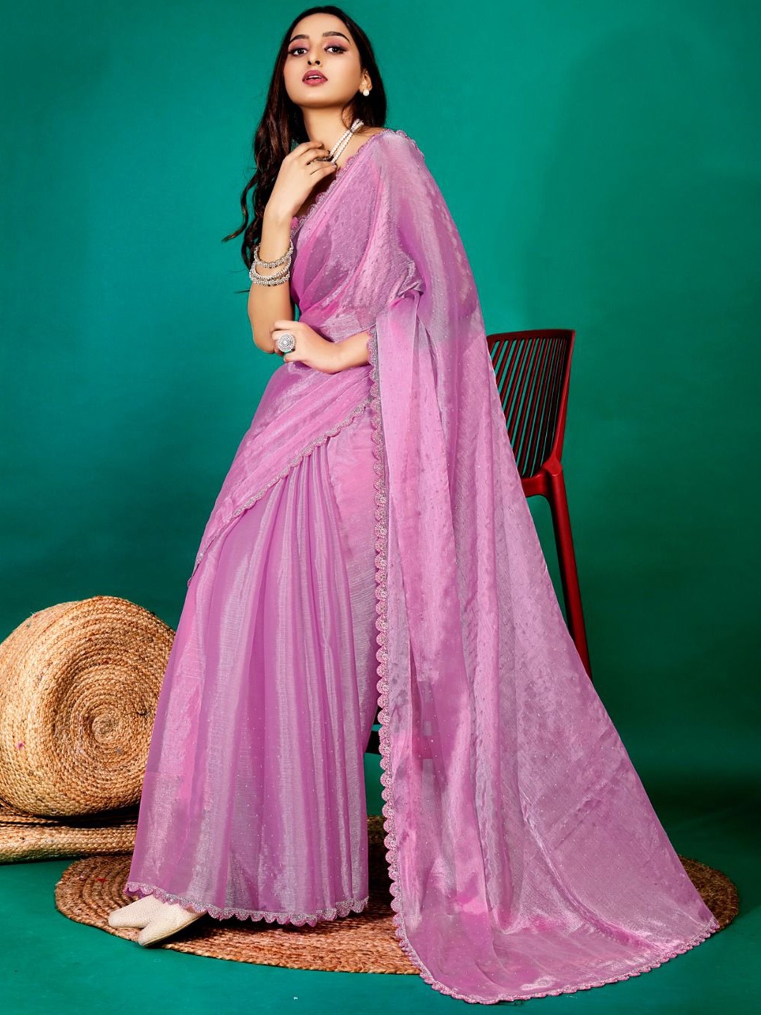 

P D Silk Mills Embellished Beads and Stones Pure Chiffon Saree, Pink