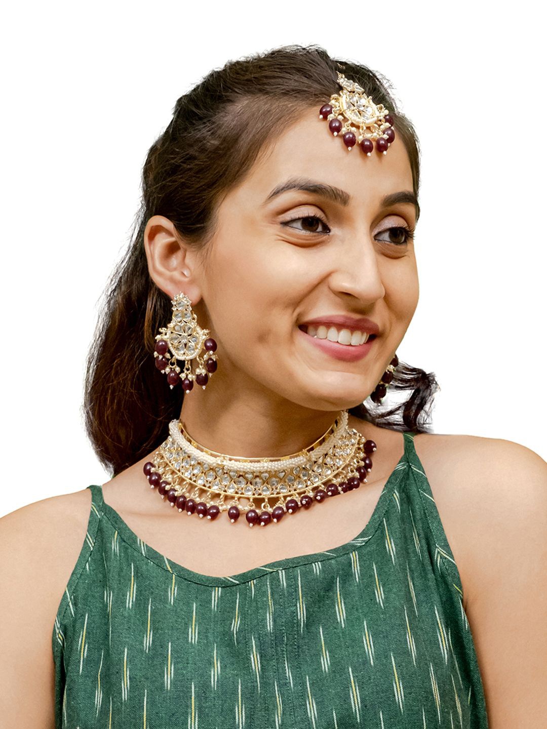 

Shining Jewel - By Shivansh Gold-Plated Cubic Zirconia-Studded & Beaded Jewellery Set