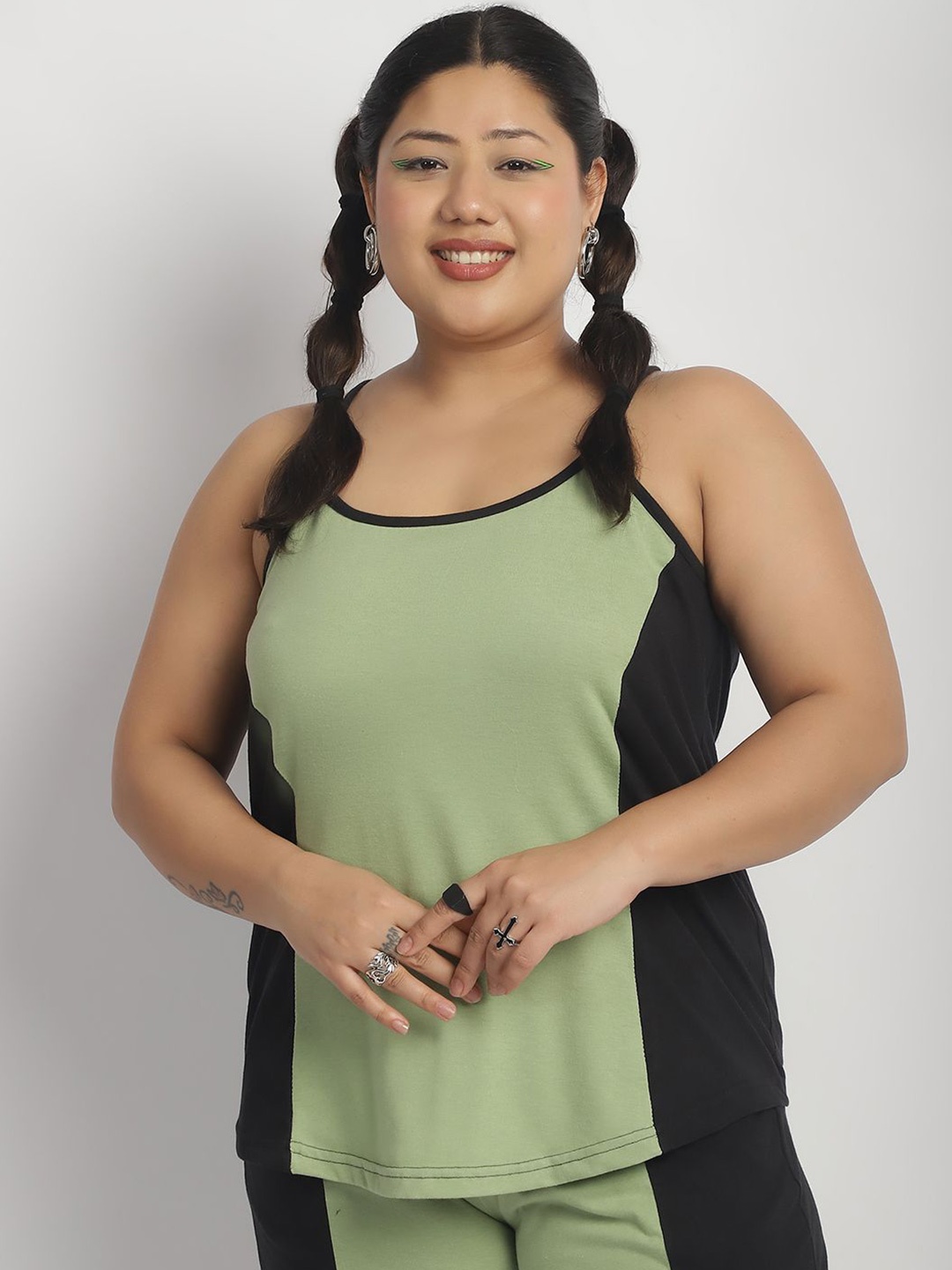 

thkgrlz Women Colourblocked Shoulder Straps Plus Size Top, Green