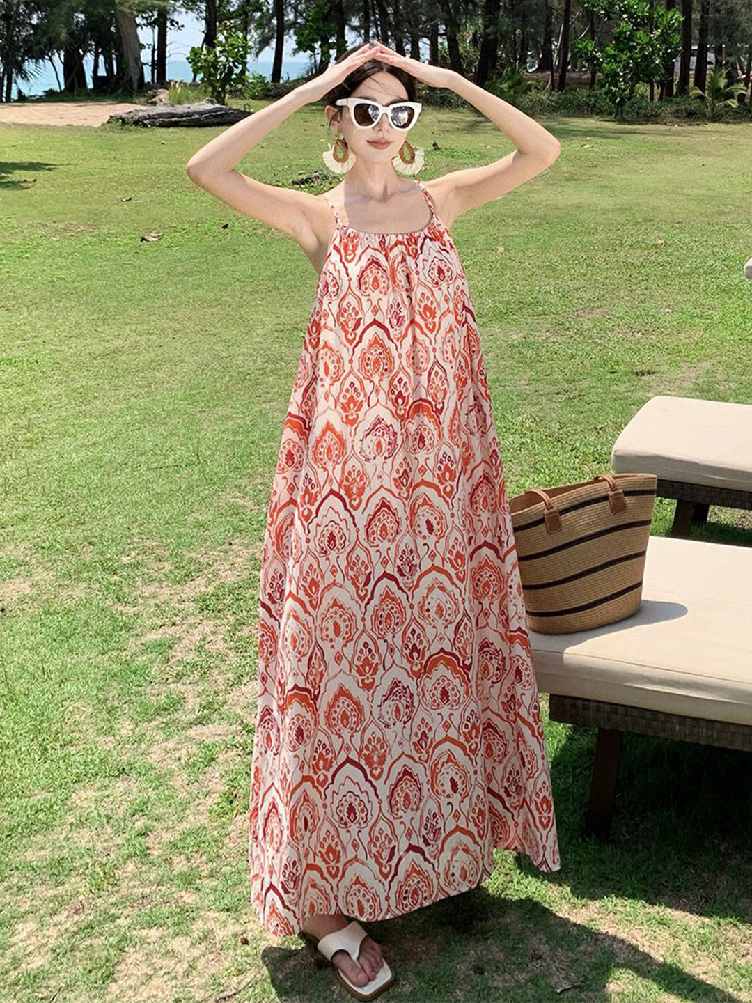 

JC Mode Printed Shoulder Straps Maxi Dress, Orange