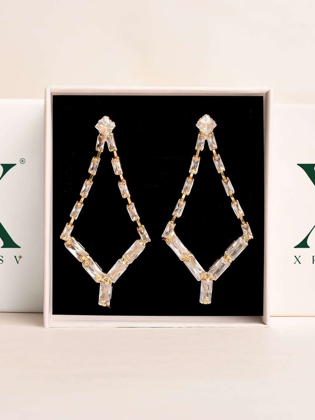 

XPNSV Sparkling Cascade Gold-Plated Stones Studded Geometric Drop Earrings