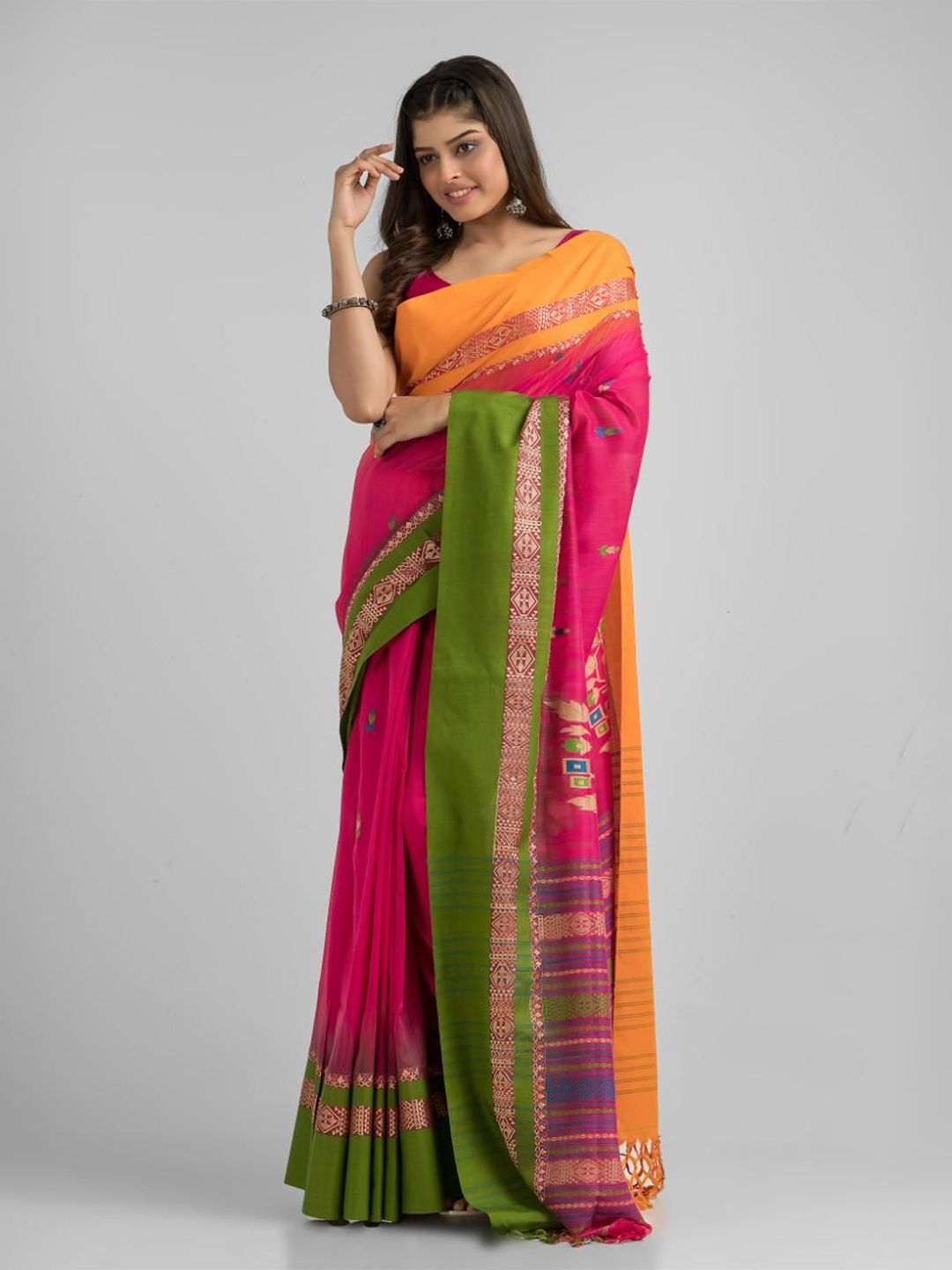 

SAJASAJO Ethnic Motifs Pure Cotton Fusion Saree, Pink
