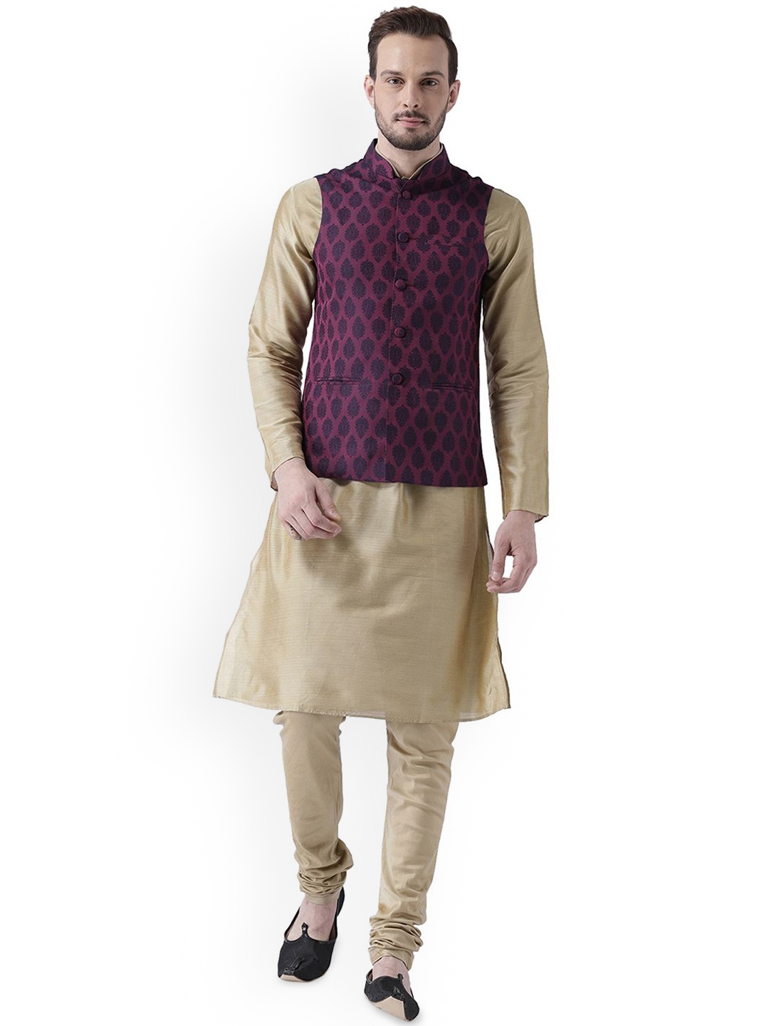 

Anouk Mandarin Collar Regular Straight Kurta with Churidar & Jacket, Beige