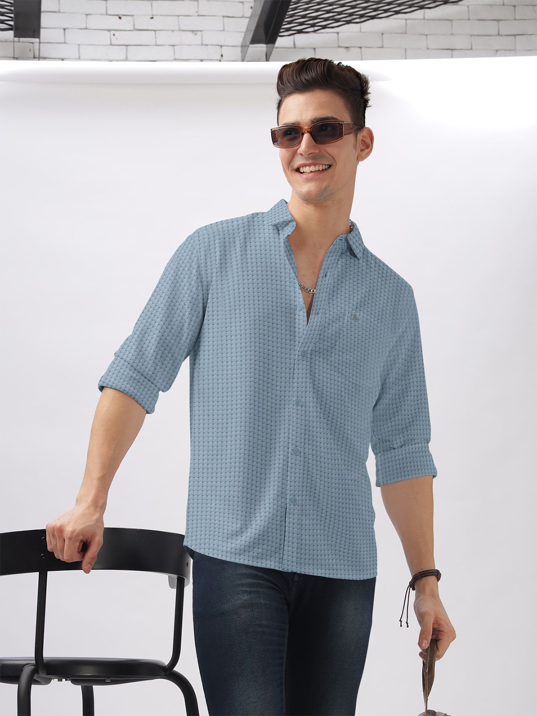 

BULLMER Men Spread Collar Self Design Cotton Casual Shirt, Grey