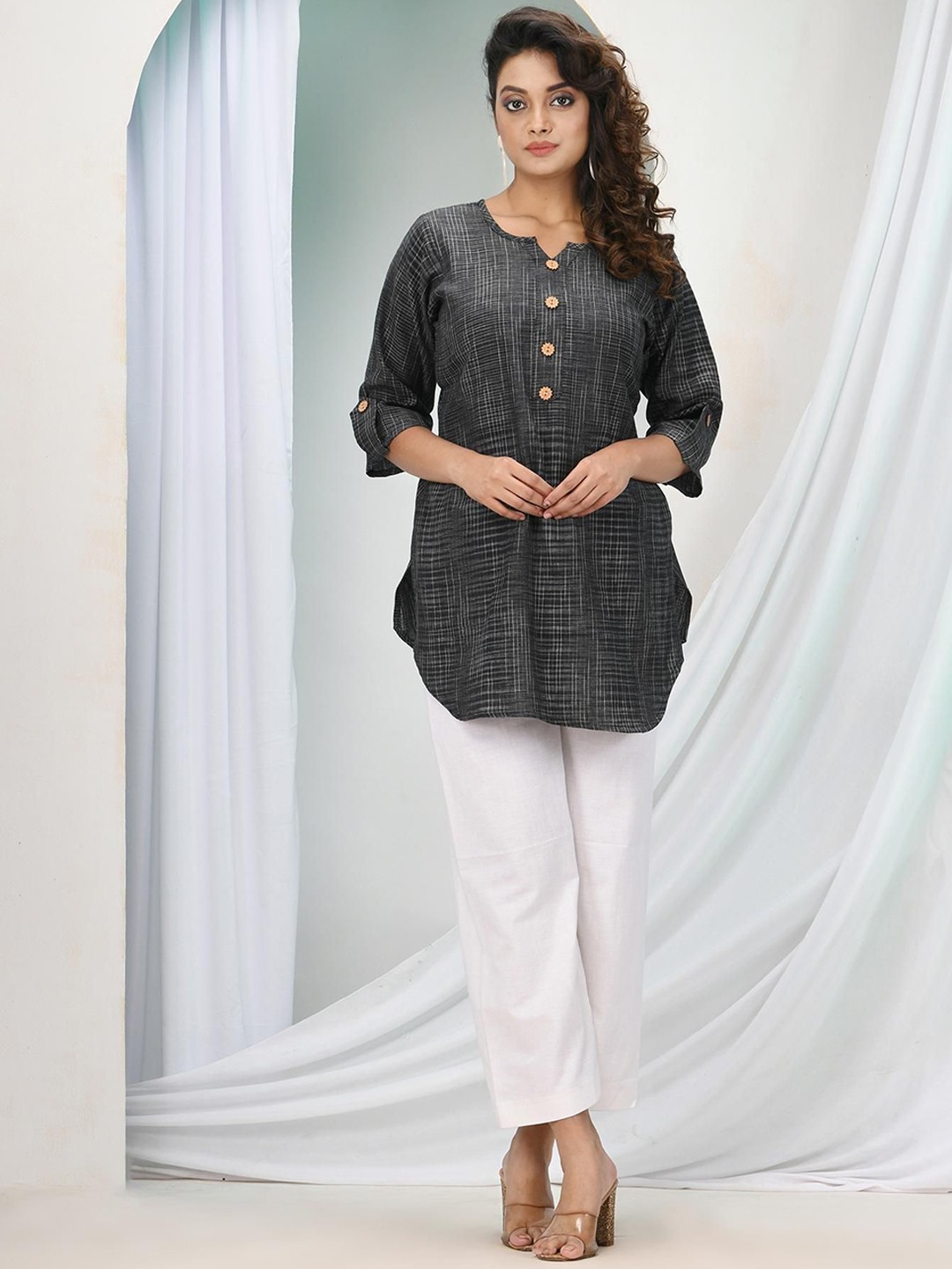 

Angoshobha Woven Design Regular Pure Cotton Straight Kurti With Palazzos, Black