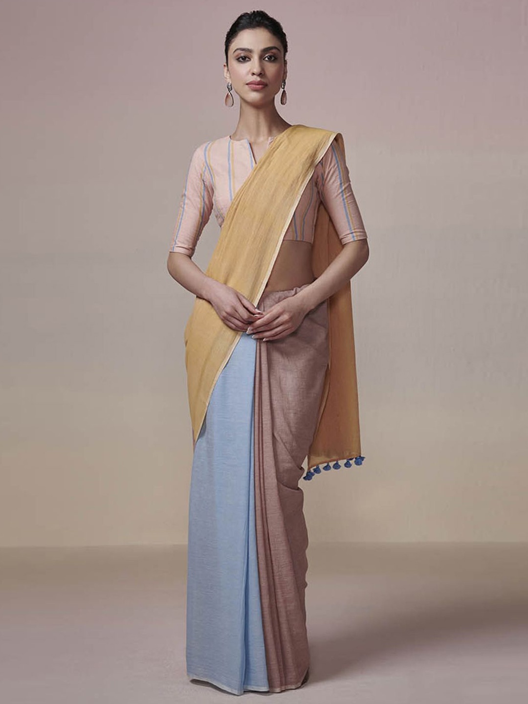 

DRESSFOLK Handloom Cotton Blue light brown and yellow Saree