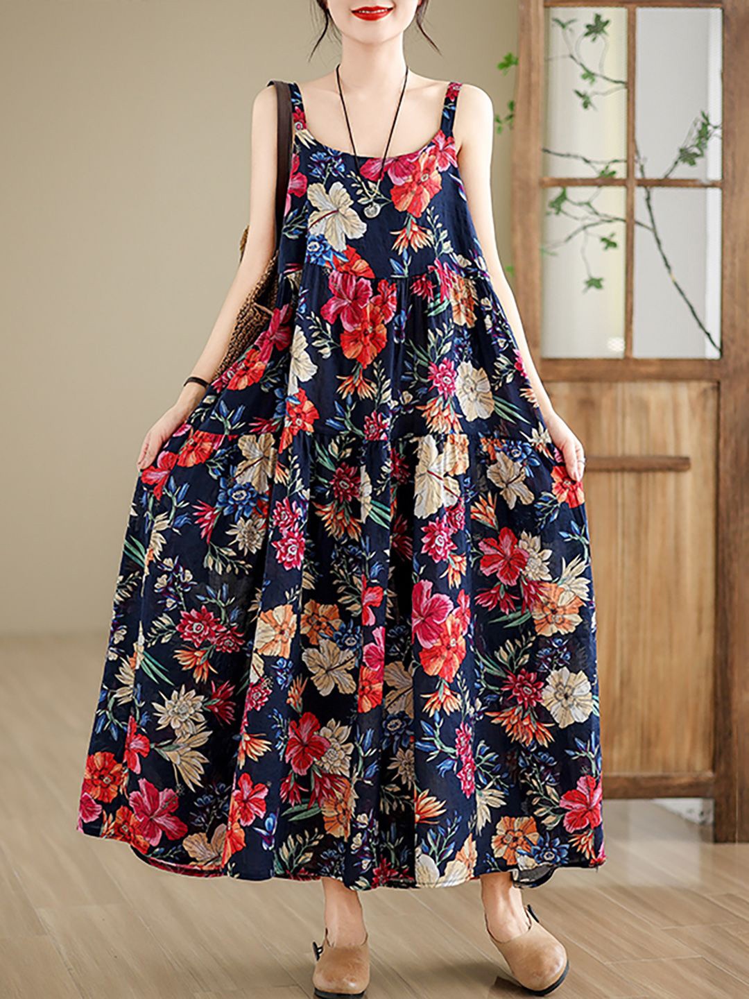 

JC Mode Floral Printed Shoulder Straps Maxi Dress, Blue