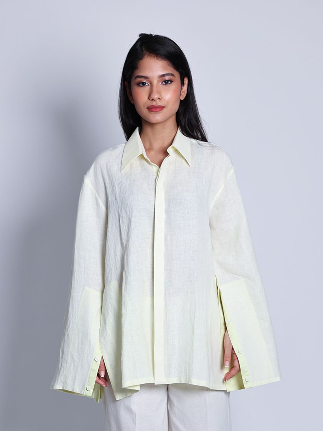 

Arya Giri Women Spread Collar Solid Linen Relaxed Fit Casual Shirt, Yellow