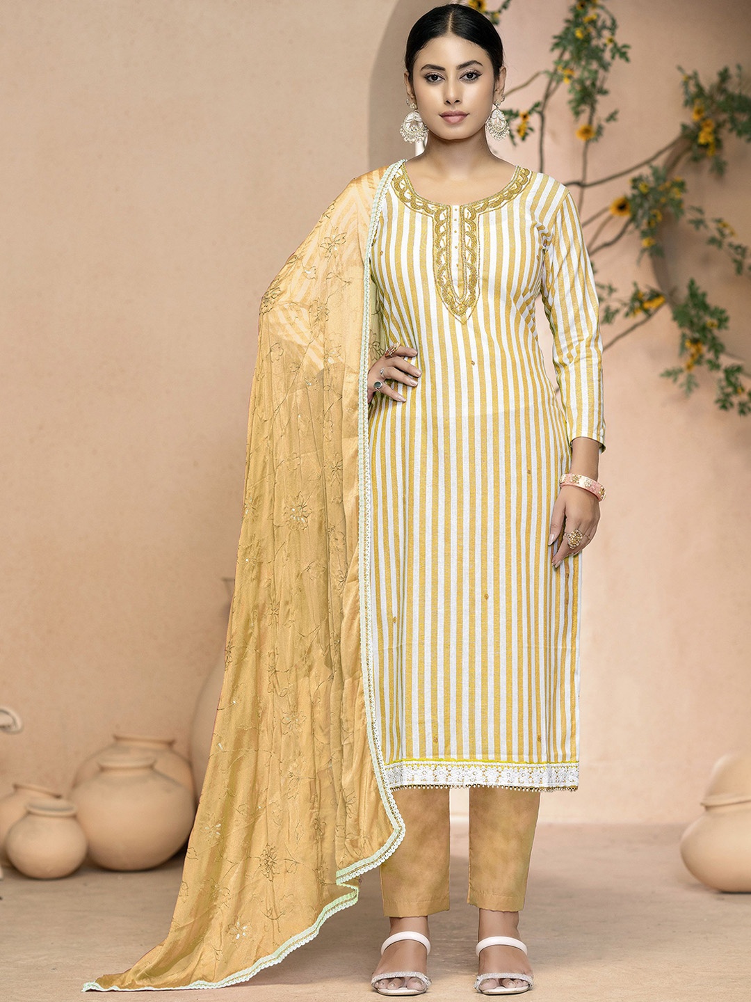

MANVAA Striped Embellished Unstitched Dress Material, Orange