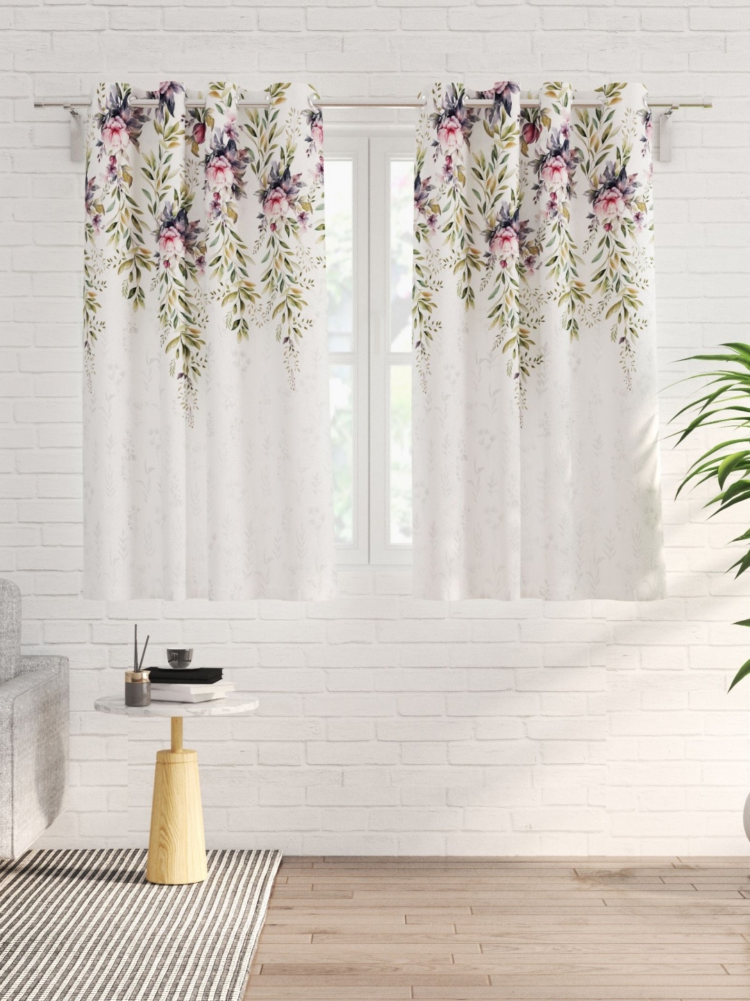 

Home Centre corsica florish White & Purple 2 Pieces Floral Black Out Window Curtains