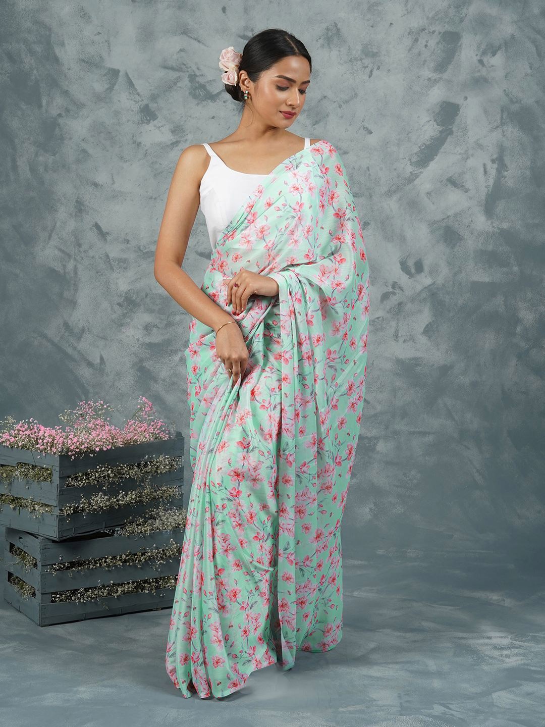 

TEEJH Floral Poly Chiffon Saree, Green