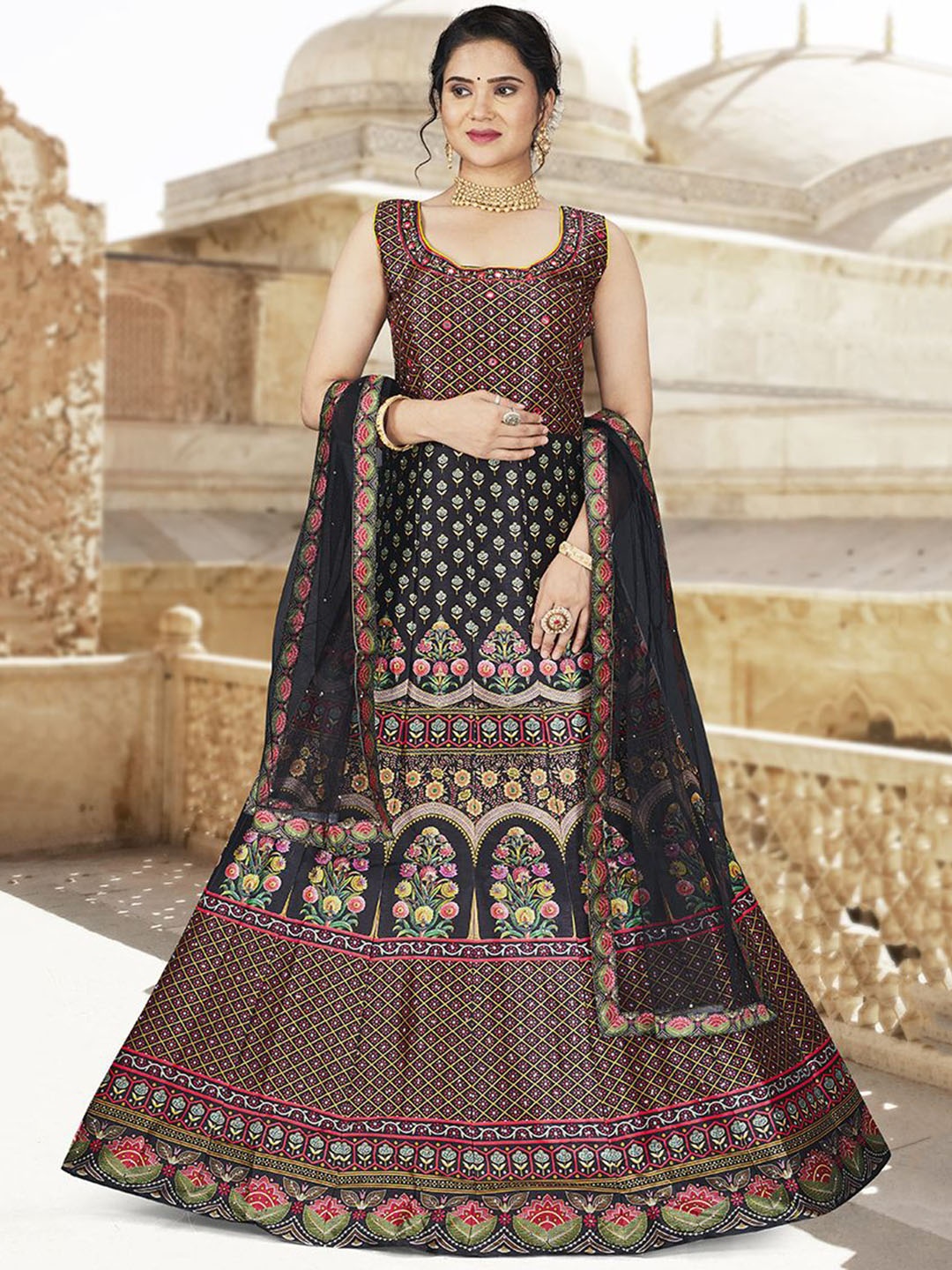 

EthnicTree Printed Flared Maxi Ethnic Dress With Dupatta, Black