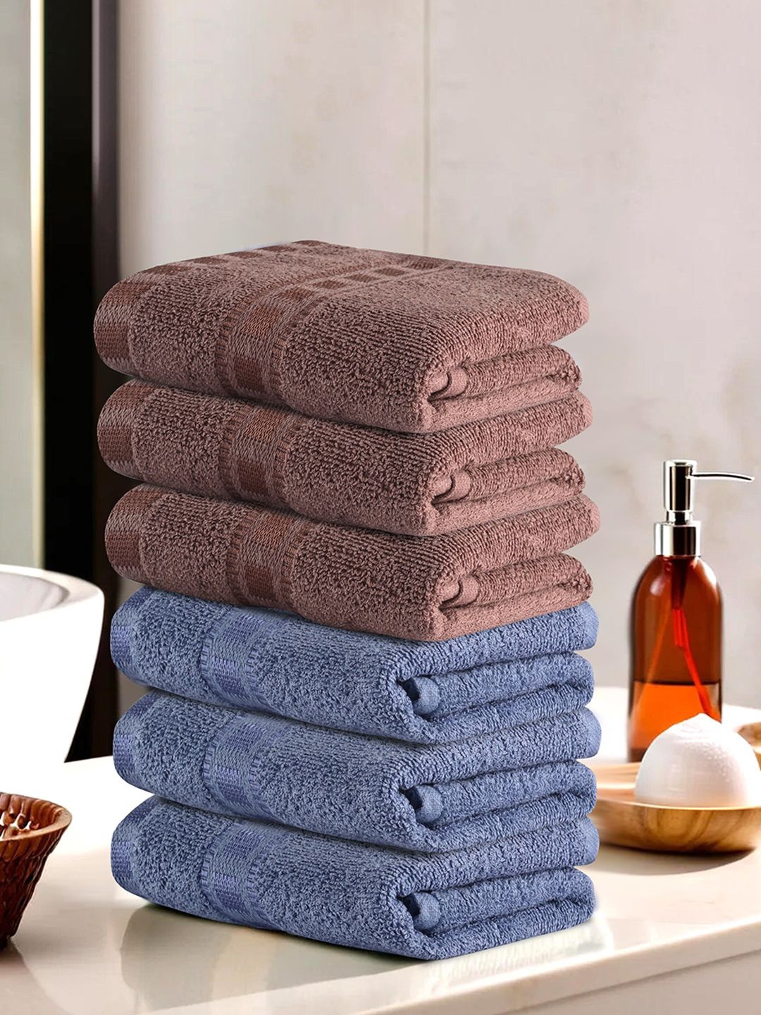 

Kuber Industries Blue & Brown 6 Pieces Striped Cotton Anti-Bacterial 225 GSM Face Towels