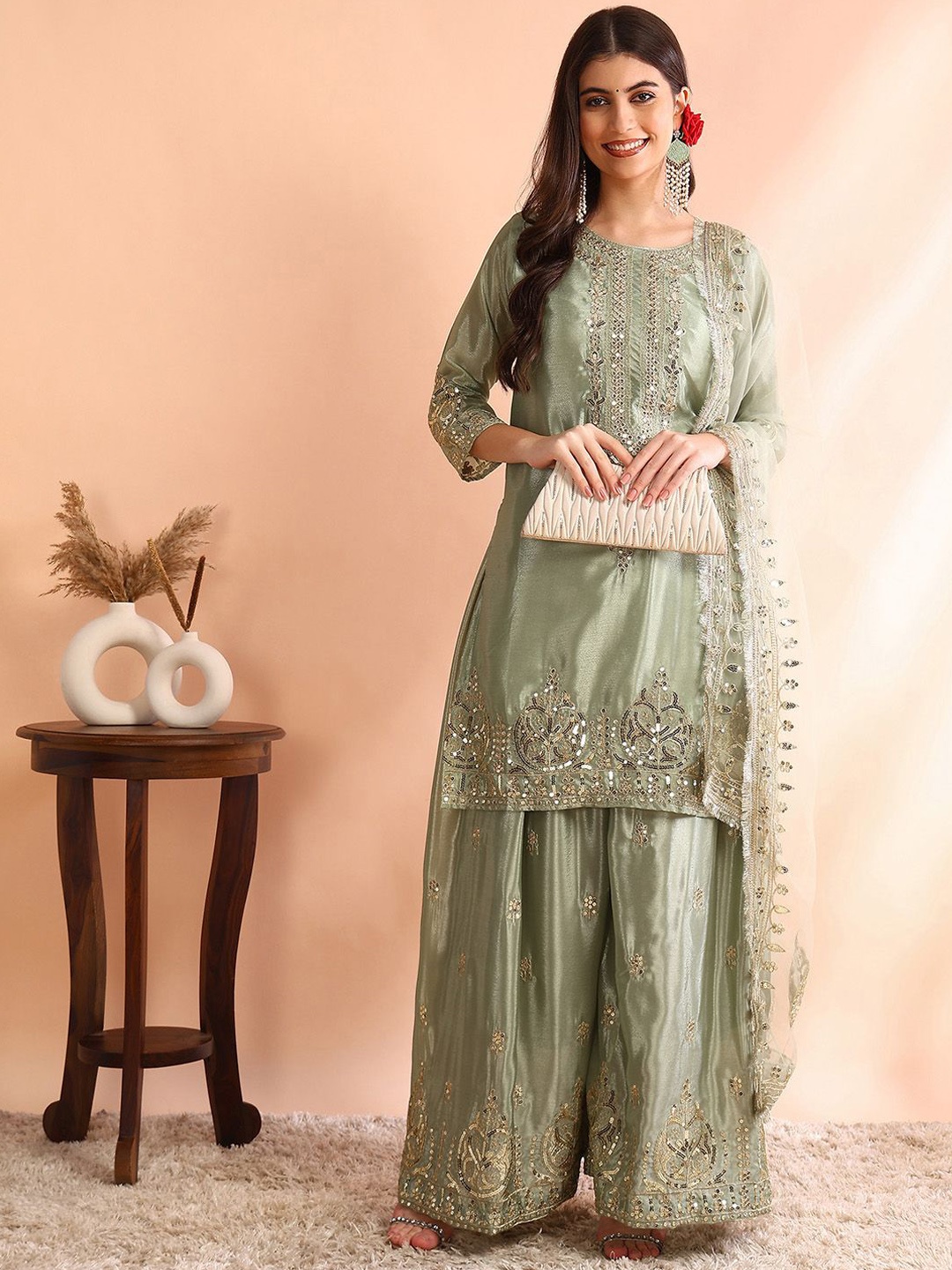 

BHARODIYA ENTERPRISES Ethnic Motifs Embroidered Straight Kurta With Sharara & Dupatta, Green